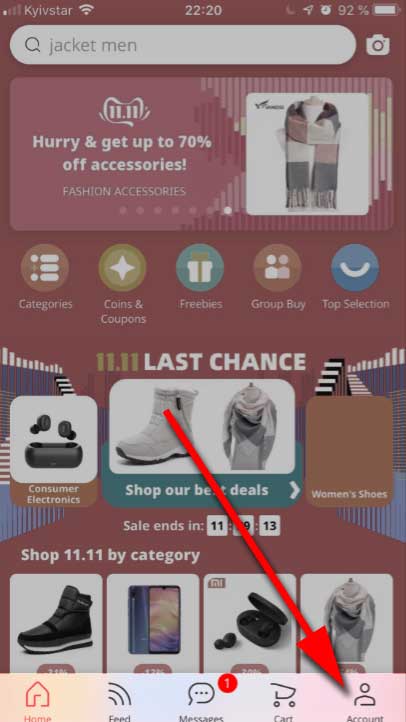 Tap the Account icon on AliExpress home page