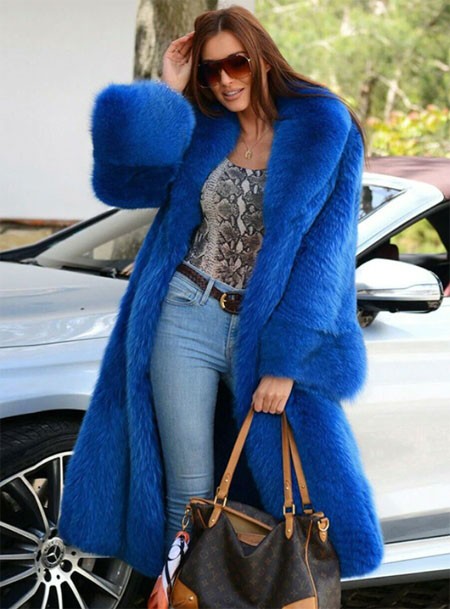 Plus Size Blue Fox Fur Coat With Big Lapel Collar Natural Real Fox Fur Jacket Warm Winter Overcoats