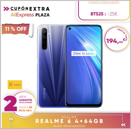 Official Spanish guarantee version Realme 6 4 + 64gb, 4 + 128gb, 8 + 128gb Octa Core Smartphone, four cameras, side fingerprint reader