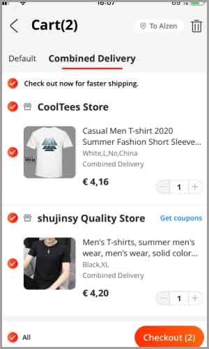 Buying goods in the Aliexpress mobile app and choosing Combined Delivery