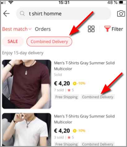 Combined Delivery in the Aliexpress mobile app