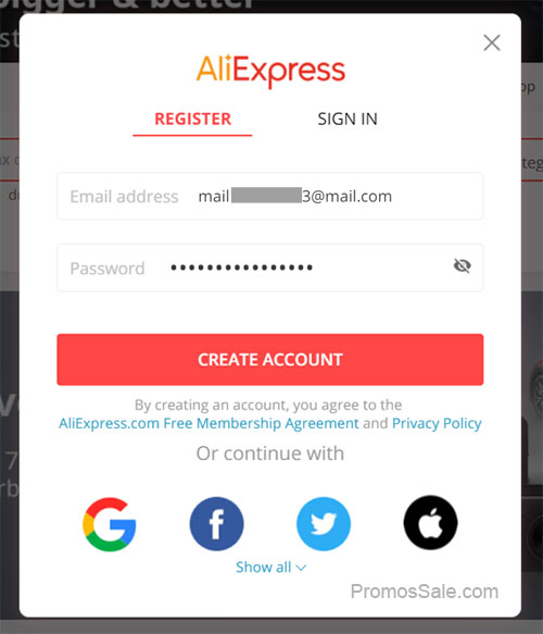 Registration on Aliexpress
