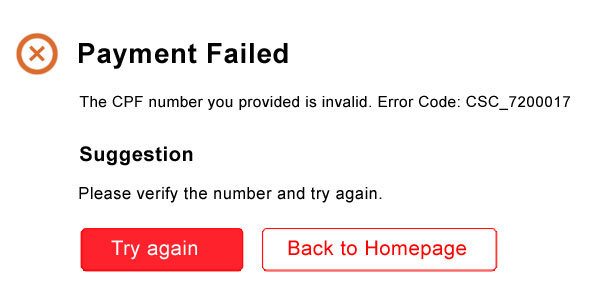 AliExpress Payment Failed error codes