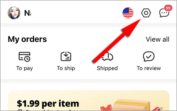 The gear icon in the upper right corner - language settings in the AliExpress mobile app