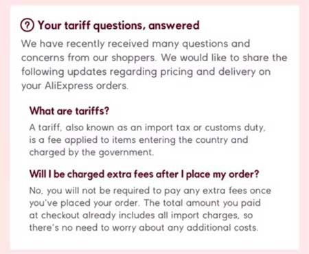 AliExpress Pricing tariff USA