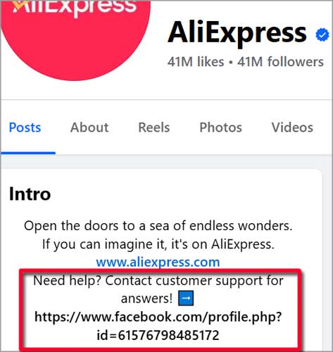 Aliexpress official page Facebook